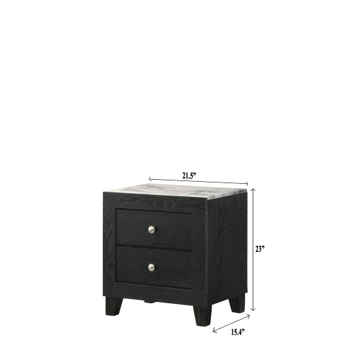 White Faux Marble Top 2-Drawer Nightstand with Black Frame