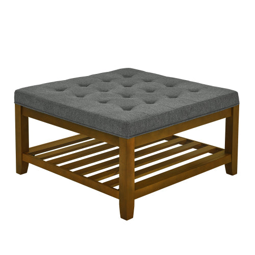 33.5 inch Dark Gray Tufted Linen Square Ottoman Coffee Table, Beech Wood Frame Storage Footrest Ottoman