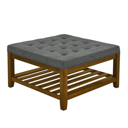 33.5 inch Dark Gray Tufted Linen Square Ottoman Coffee Table, Beech Wood Frame Storage Footrest Ottoman