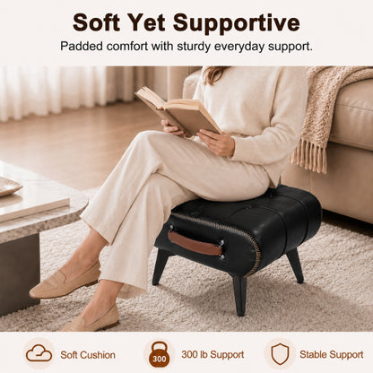 Rectangular Tufted Faux Leather Storage Ottoman with Handle & Metal Legs, Multiuse Footrest for Entryway & Small Apartment