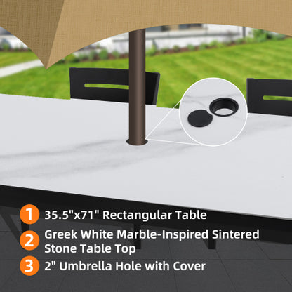 Outdoor Modern Patio 35.5"x71" Aluminum Dining Table, Greek White Marble-Inspired Sintered Stone Top, Ember Black Finish, Post Tapered Legs-Seats Six, Weatherproof & Rust-Free
