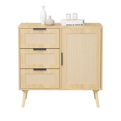 Modern Rattan Wood Dresser 3 Drawer Storage Cabinet with Adjustable Shelf Anti Tip