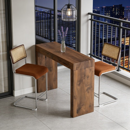 2-piece velvet bar chair combination, paired with walnut wood grain bar table, including storage function, suitable for restaurants and cafes