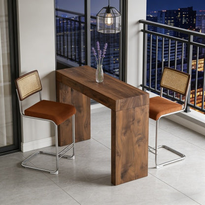 2-piece velvet bar chair combination, paired with walnut wood grain bar table, including storage function, suitable for restaurants and cafes