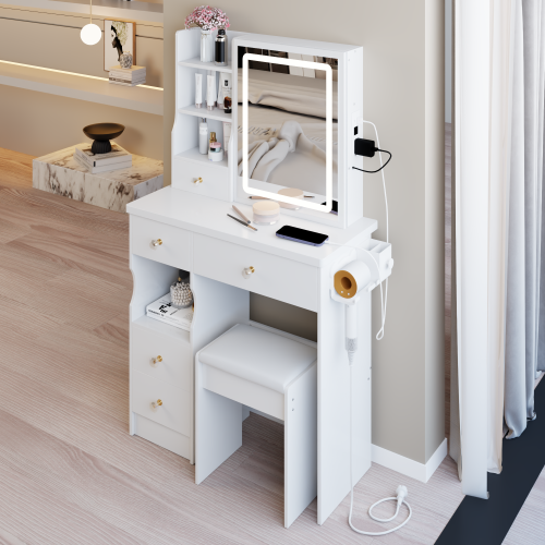 29.2" Small Size Drawer Desktop Vanity Table + Cushioned Stool, 2 AC+2 USB Power Station, Hair dryer bracket, Extra Large Touch Control Sliding LED Mirror, 3-color Switching, EPA, GCC, UL Certificate
