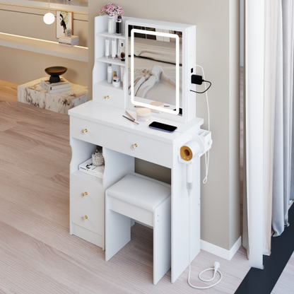 29.2" Small Size Drawer Desktop Vanity Table + Cushioned Stool, 2 AC+2 USB Power Station, Hair dryer bracket, Extra Large Touch Control Sliding LED Mirror, 3-color Switching, EPA, GCC, UL Certificate