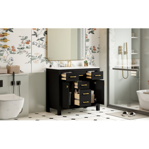 36'' Bathroom Vanity with Ceramic Sink Combo Set,Modern Freestanding Single Bathroom Cabinet with 4 Drawers & 2 Cabinets,Storage Cabinet for Bathroom, Solid Wood Frame Vanity Set, Black