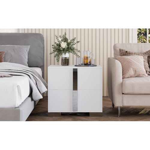 Modern End Table with Drawers, Elegant Nightstand with Metal Foot,Wood Bedside Table with Mirrored Metal Handles,Sofa Side End Table for Bedroom Living Room Office,White