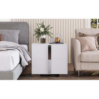 Modern End Table with Drawers, Elegant Nightstand with Metal Foot,Wood Bedside Table with Mirrored Metal Handles,Sofa Side End Table for Bedroom Living Room Office,White