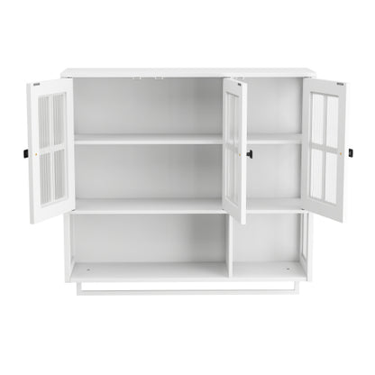 Bathroom Wall Cabinet, 3-Door Wooden Wall Cabinet with Open and Hidden Storage Space, Medicine Cabinet with Glass Door and Towel Bar for Entryway Living Room Bathroom Dining Room,White