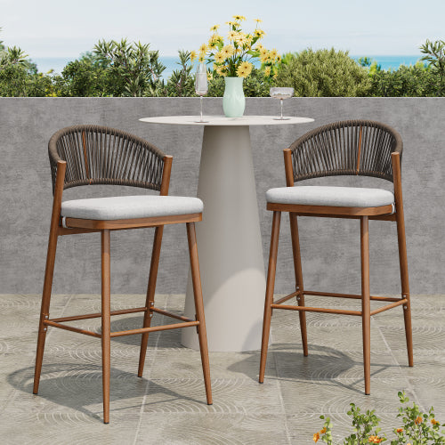 Outdoor 30.25" Seat Height Aluminum Frame Barstools with PE Rattan Scallop-shaped Backrest, Set of 2, Teak Finish