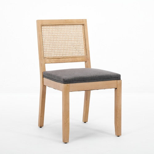 Set of 2 Gray Farmhouse Cane Rattan Dining Chairs, Solid Hardwood Frame Linen Upholstered Side Chairs 300 LBS Capacity
