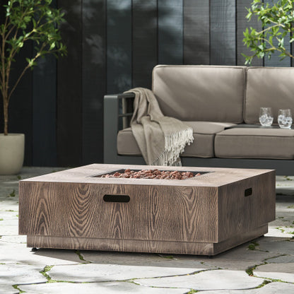 WELLINGTON SQUARE IRON WOOD PATTERN FIRE PIT -50,000 BTU Tank outside