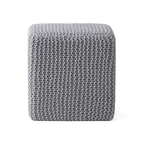 Light Gray Hand-Knitted Cotton Ottoman Foot Stool, Plush Cozy Compact Accent Seat