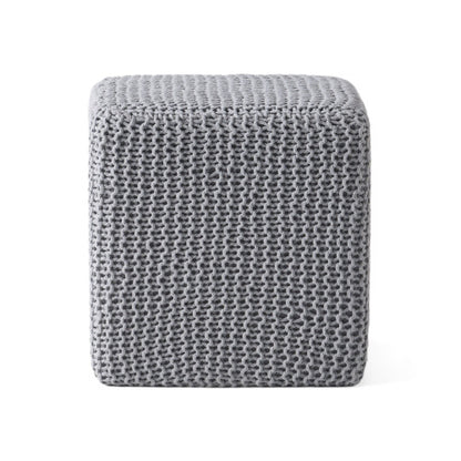 Light Gray Hand-Knitted Cotton Ottoman Foot Stool, Plush Cozy Compact Accent Seat