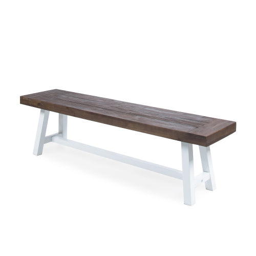 Dark Brown Sandblast Finish Acacia Wood Dining Bench with White Rustic Metal Finish Frame