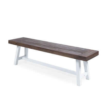 Dark Brown Sandblast Finish Acacia Wood Dining Bench with White Rustic Metal Finish Frame
