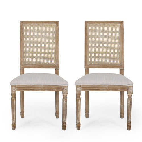 French Country Dining Chairs Set of 2, Cane Back, Upholstered Seat, Fluted Legs