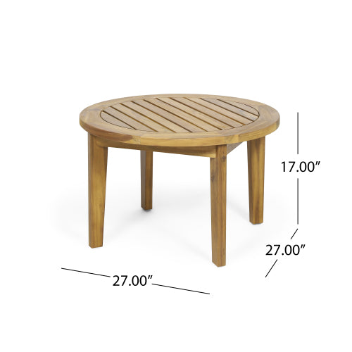 27 Inch Round Brown Acacia Wood  Slatted Coffee Table, Weather Resistant