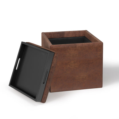 Storage Ottoman with Tray 17 Inch Cube Vegan Leather Footrest