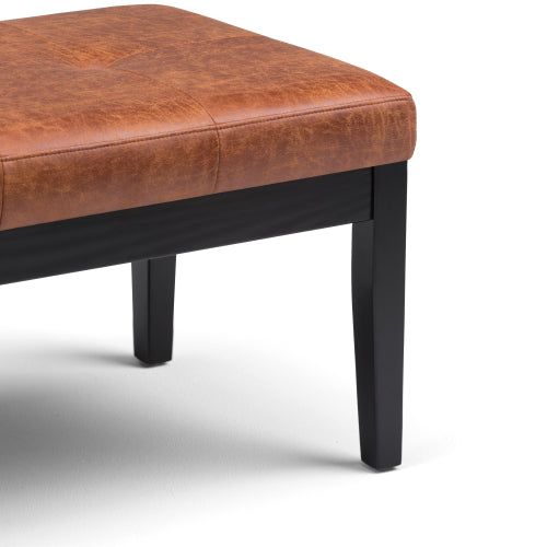 Distressed Saddle Brown Vegan Leather Tufted Ottoman Bench, Rectangular Entryway Footrest Seat with Wood Legs