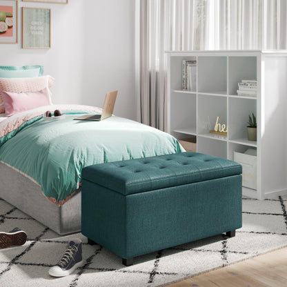 34 Inch Storage Ottoman Bench Teal Fabric Tufted Footrest