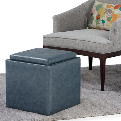 Denim Blue Vegan Leather Cube Storage Ottoman with Reversible Tray Lid, 17 Inch