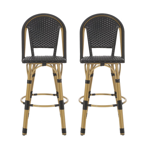 29.5" Outdoor PE Rattan and Aluminum French Barstools, Set of 2, Black and Bamboo Finish