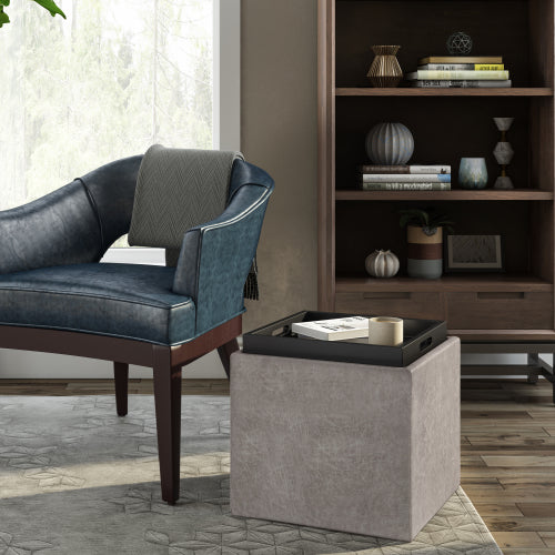 17 Inch Storage Ottoman with Tray Grey Taupe Leather Cube Footrest