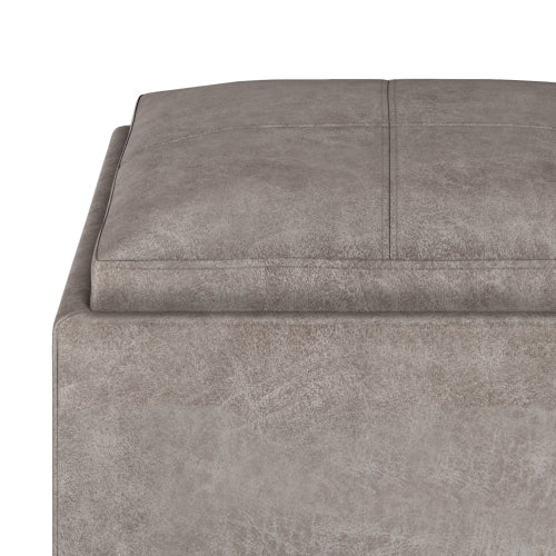 17 Inch Storage Ottoman with Tray Grey Taupe Leather Cube Footrest