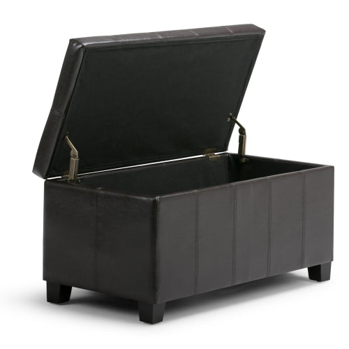 36 inch Tanners Brown Vegan Leather Storage Ottoman Bench with Safety Hinges, Lift-Top Organizer for Entryway