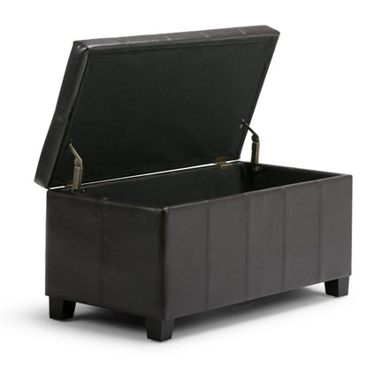 36 inch Tanners Brown Vegan Leather Storage Ottoman Bench with Safety Hinges, Lift-Top Organizer for Entryway