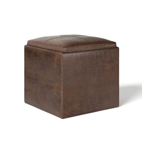 Storage Ottoman with Tray 17 Inch Cube Brown Vegan Leather Footrest