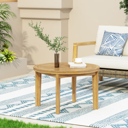 27 Inch Round Brown Acacia Wood  Slatted Coffee Table, Weather Resistant