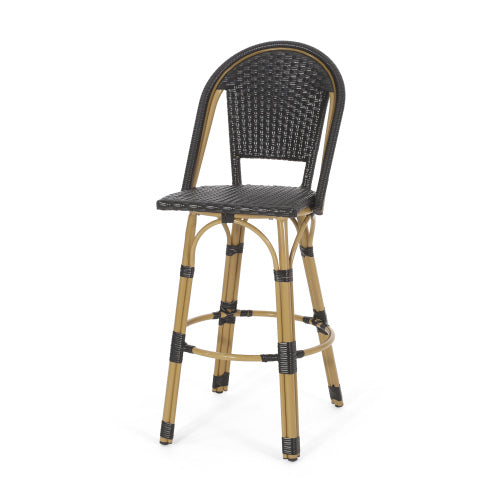29.5" Outdoor PE Rattan and Aluminum French Barstools, Set of 2, Black and Bamboo Finish