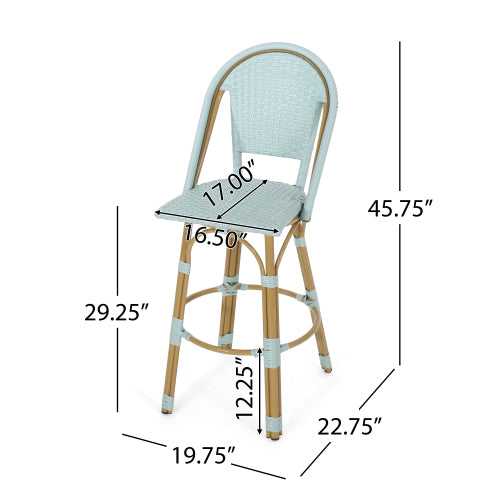 29.5" Outdoor PE Rattan and Aluminum French Barstools, Set of 2, Light Teal and Bamboo Finish