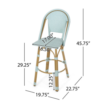 29.5" Outdoor PE Rattan and Aluminum French Barstools, Set of 2, Light Teal and Bamboo Finish