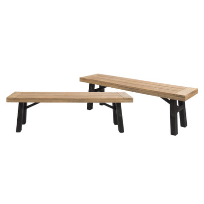 Outdoor Bench with Slat Panel Design and Acacia Wood Frame(Set of 2), Natural and Grey