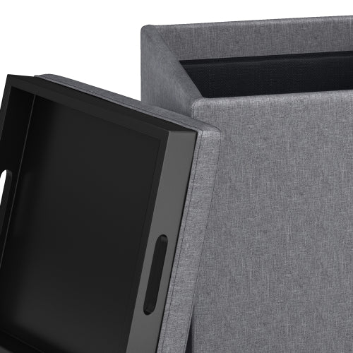17 Inch Storage Ottoman with Tray Grey Linen Fabric Cube Footrest