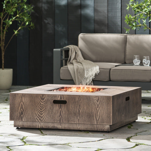 WELLINGTON SQUARE IRON WOOD PATTERN FIRE PIT -50,000 BTU Tank outside
