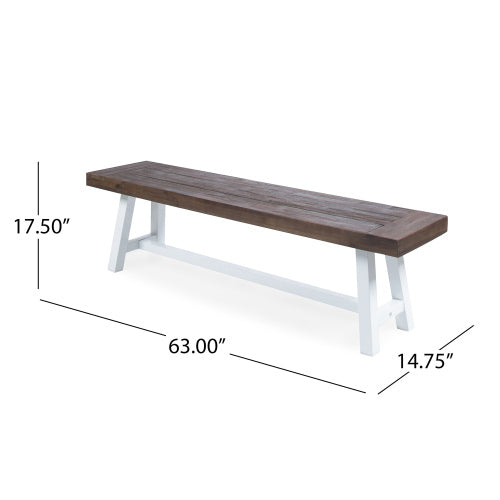 Dark Brown Sandblast Finish Acacia Wood Dining Bench with White Rustic Metal Finish Frame