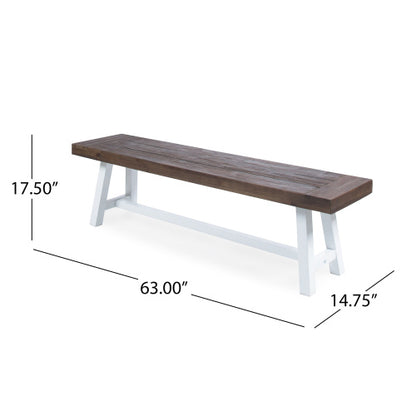 Dark Brown Sandblast Finish Acacia Wood Dining Bench with White Rustic Metal Finish Frame