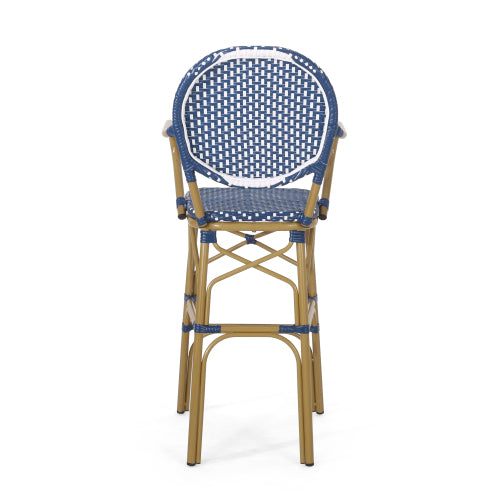 Outdoor Wicker and Aluminum 29.5" French Barstools, Set of 2, Navy Blue, Bamboo Print Finish