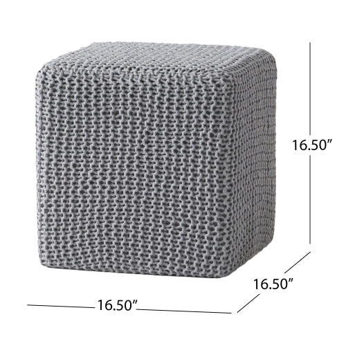 Light Gray Hand-Knitted Cotton Ottoman Foot Stool, Plush Cozy Compact Accent Seat