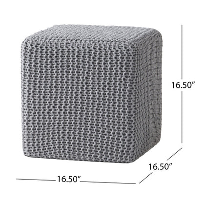Light Gray Hand-Knitted Cotton Ottoman Foot Stool, Plush Cozy Compact Accent Seat
