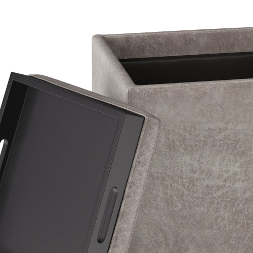17 Inch Storage Ottoman with Tray Grey Taupe Leather Cube Footrest