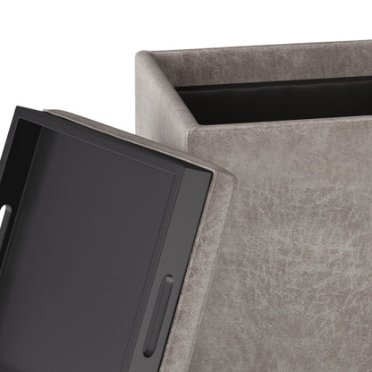17 Inch Storage Ottoman with Tray Grey Taupe Leather Cube Footrest