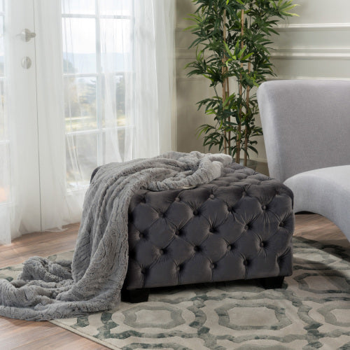 Button Tufted Diamond Stitch Velvet Ottoman, Modern Glam Upholstered Accent Seat for Living Room