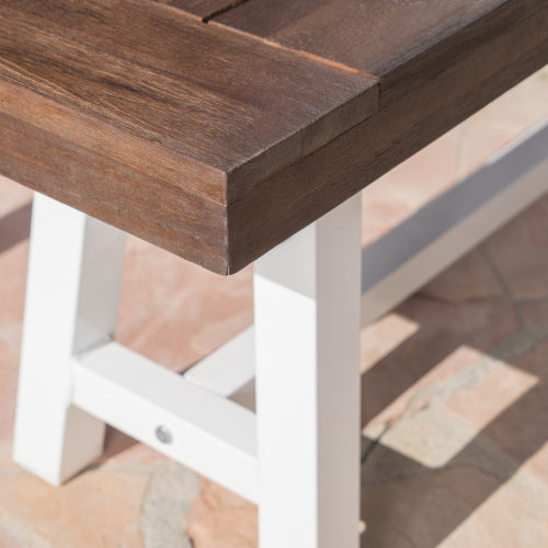 Dark Brown Sandblast Finish Acacia Wood Dining Bench with White Rustic Metal Finish Frame