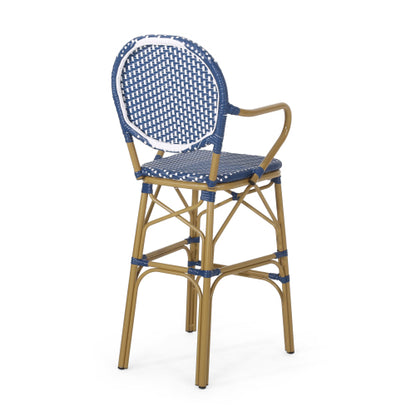 Outdoor Wicker and Aluminum 29.5" French Barstools, Set of 2, Navy Blue, Bamboo Print Finish